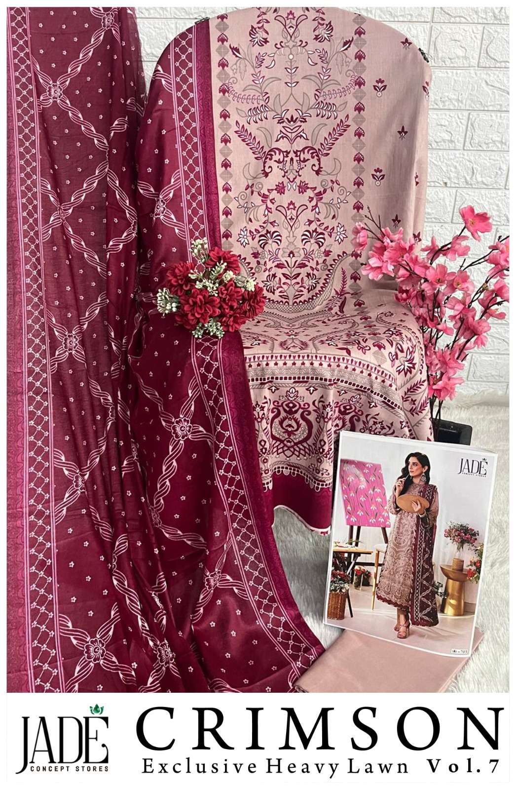 Jade Crimson 7 Exclusive Heavy Daily Wear Cotton Printed Suit with Cotton Dupatta ( Unstitched )