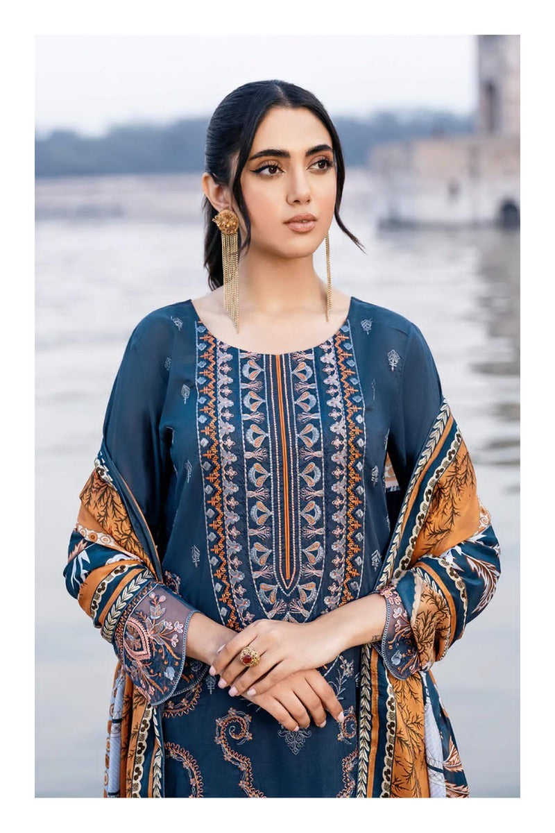 Cheveron Cotton Embroidered Patch Suit with Chiffon Dupatta ( Unstitched )