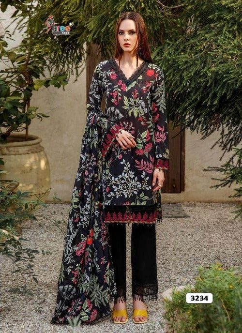 M. Prints Basics Black Flora Cotton Embroidery Patch Suits with Chiffon Dupatta ( Unstitched )