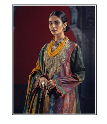 AlZohaib Cotton Printed Pakistani Embroidered Patch Suit with Chiffon Duappta ( UnStitched )