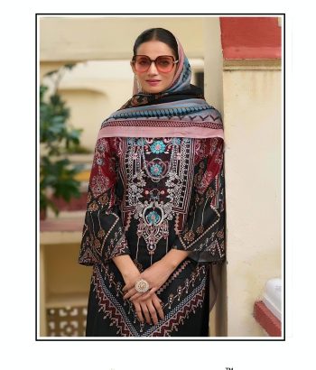 AlZohaib Cotton Printed Pakistani Embroidered Patch Suit with Chiffon Duappta ( UnStitched )