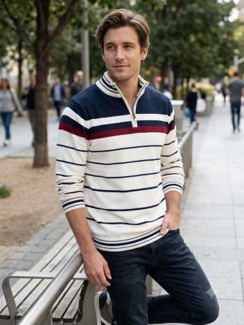 Men Striped Sweatshirt for Winter with Ziper Neck (Large)