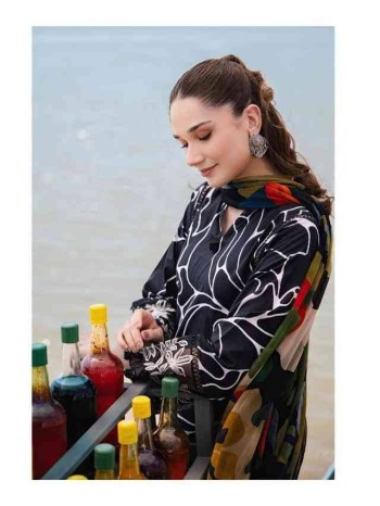 M. Prints Basics Black Cotton Embroidery Patch Suits with Chiffon Dupatta ( Unstitched )